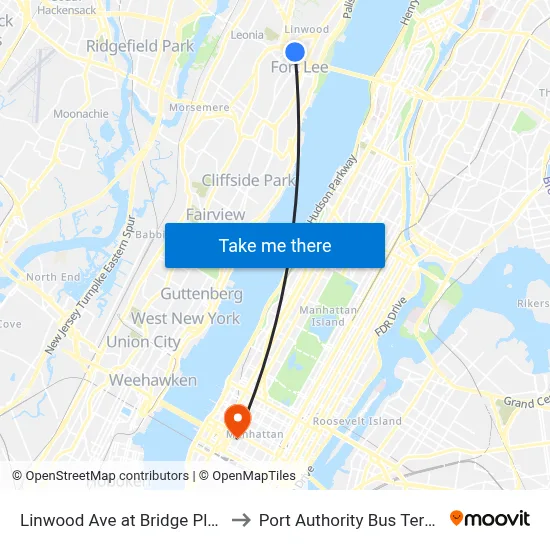 Linwood Ave at Bridge Plaza N to Port Authority Bus Terminal map
