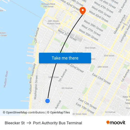 Bleecker St to Port Authority Bus Terminal map