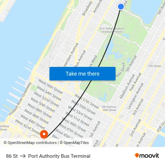 86 St to Port Authority Bus Terminal map