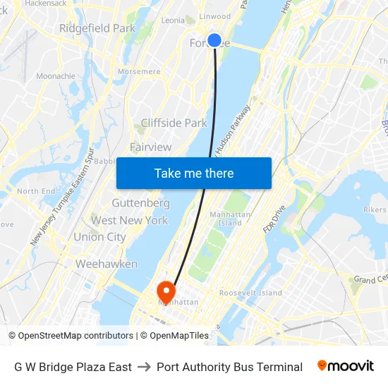 G W Bridge Plaza East to Port Authority Bus Terminal map