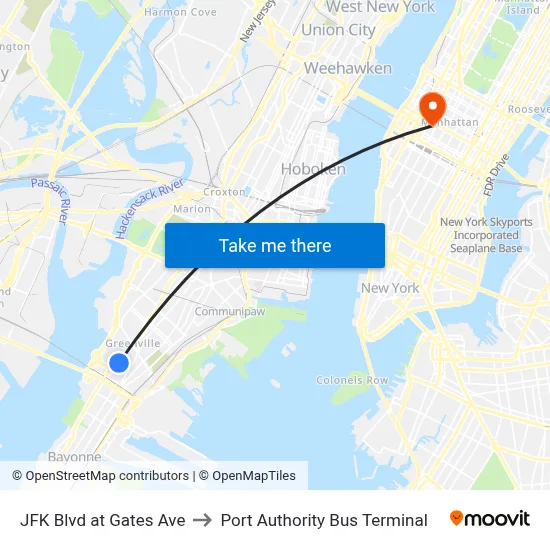 JFK Blvd at Gates Ave to Port Authority Bus Terminal map
