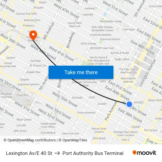 Lexington Av/E 40 St to Port Authority Bus Terminal map