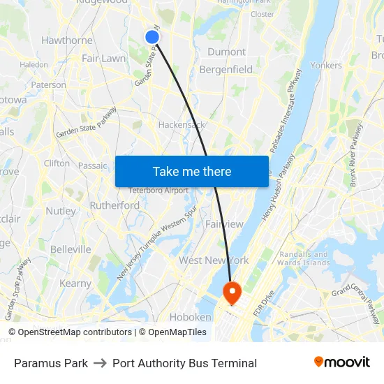 Paramus Park to Port Authority Bus Terminal map