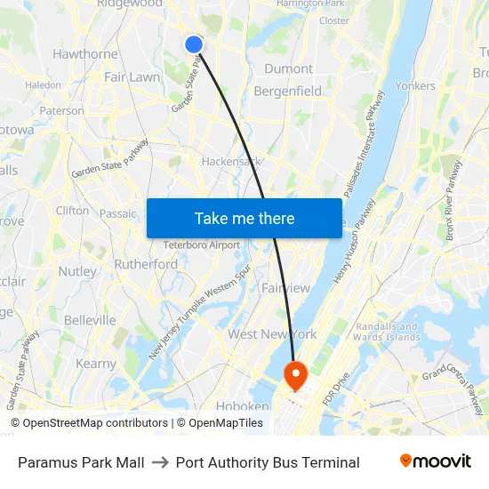 Paramus Park Mall to Port Authority Bus Terminal map