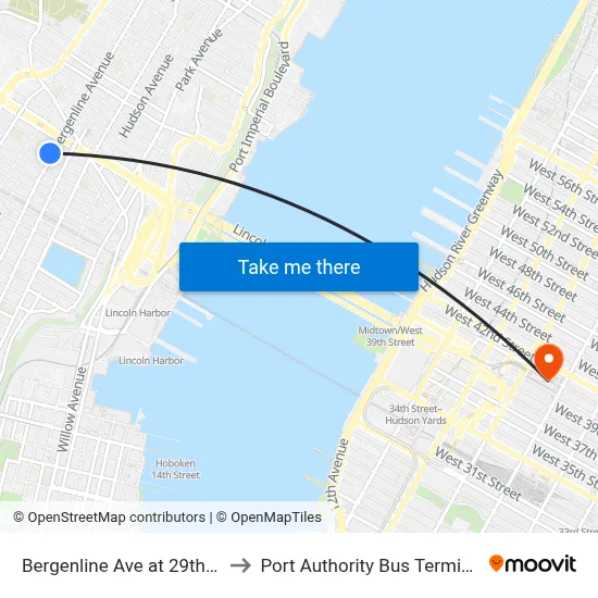 Bergenline Ave at 29th St to Port Authority Bus Terminal map