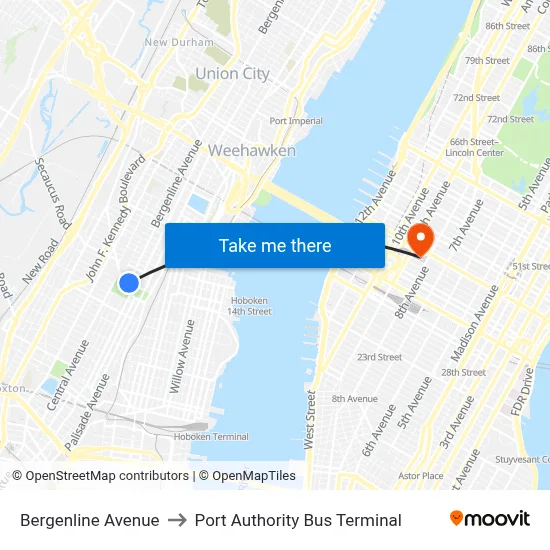 Bergenline Avenue to Port Authority Bus Terminal map