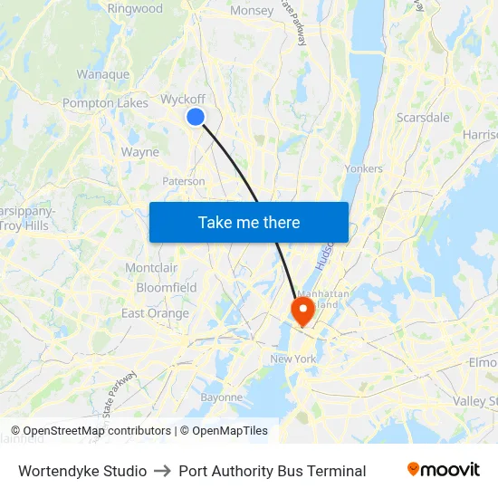 Wortendyke Studio to Port Authority Bus Terminal map