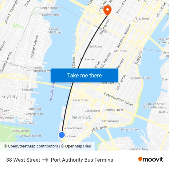 38 West Street to Port Authority Bus Terminal map