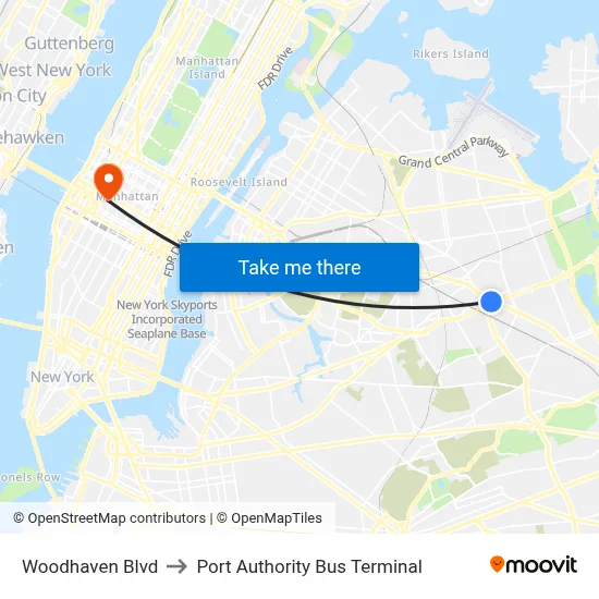 Woodhaven Blvd to Port Authority Bus Terminal map