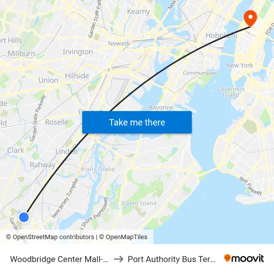 Woodbridge Center Mall-West to Port Authority Bus Terminal map