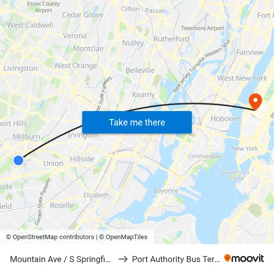 Mountain Ave / S Springfield Ave to Port Authority Bus Terminal map