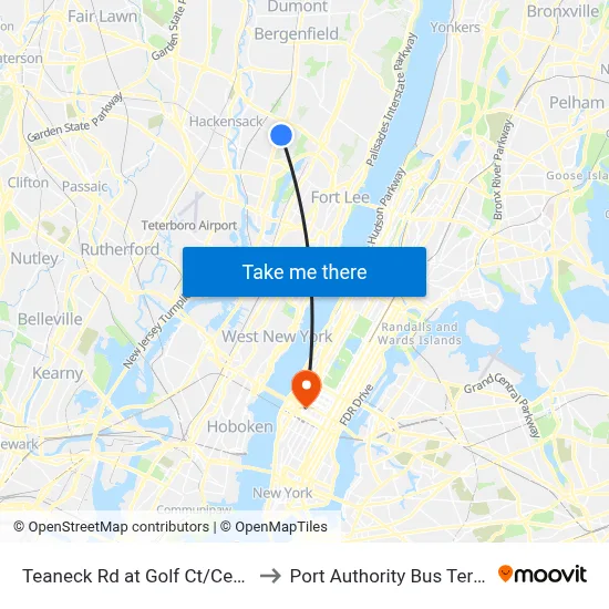 Teaneck Rd at Golf Ct/Cedar Ln to Port Authority Bus Terminal map