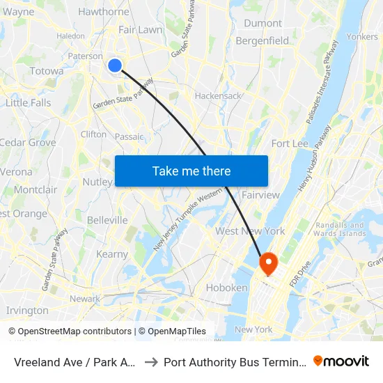 Vreeland Ave / Park Ave to Port Authority Bus Terminal map