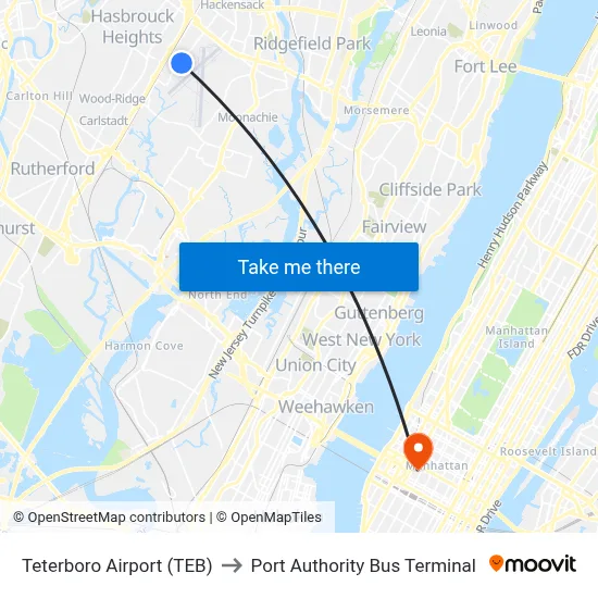Teterboro Airport (TEB) to Port Authority Bus Terminal map
