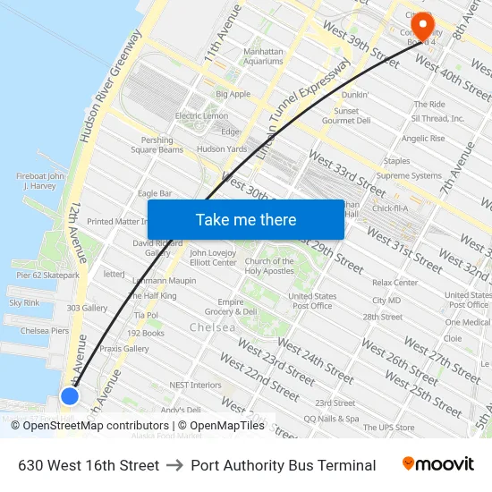 630 West 16th Street to Port Authority Bus Terminal map