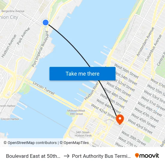 Boulevard East at 50th St to Port Authority Bus Terminal map
