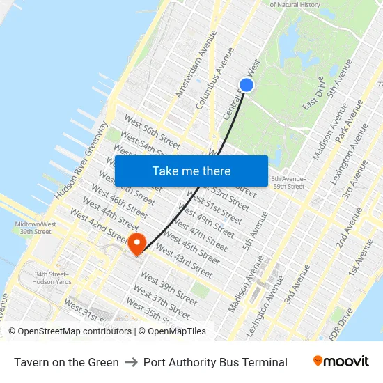 Tavern on the Green to Port Authority Bus Terminal map