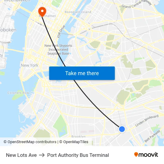 New Lots Ave to Port Authority Bus Terminal map