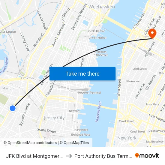 JFK Blvd at Montgomery St to Port Authority Bus Terminal map