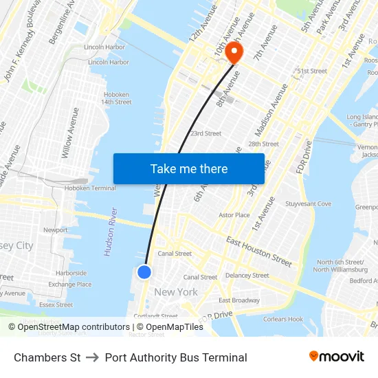 Chambers St to Port Authority Bus Terminal map