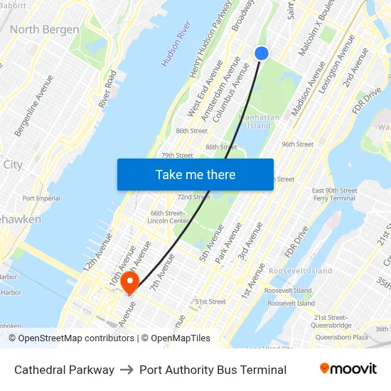 Cathedral Parkway to Port Authority Bus Terminal map