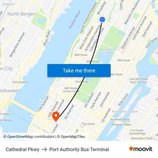 Cathedral Pkwy to Port Authority Bus Terminal map