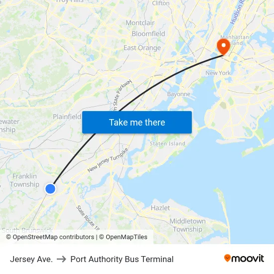 Jersey Ave. to Port Authority Bus Terminal map