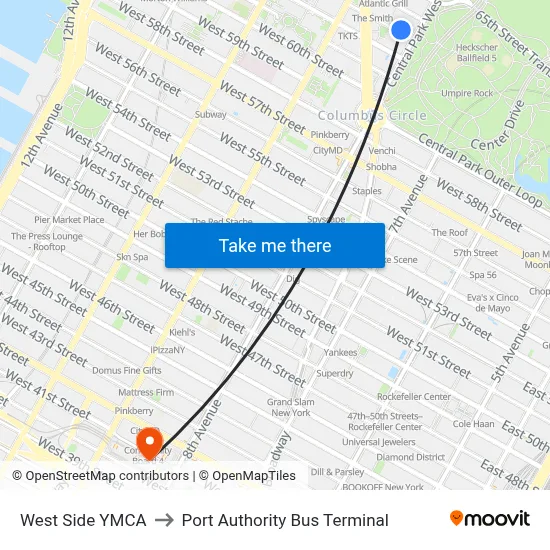 West Side YMCA to Port Authority Bus Terminal map