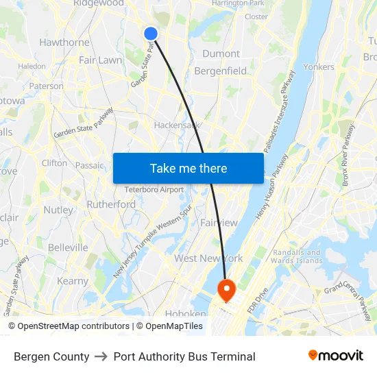 Bergen County to Port Authority Bus Terminal map