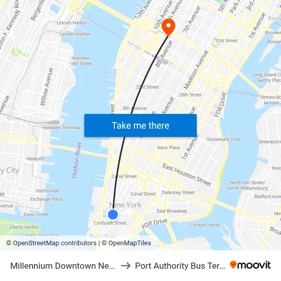 Millennium Downtown New York to Port Authority Bus Terminal map