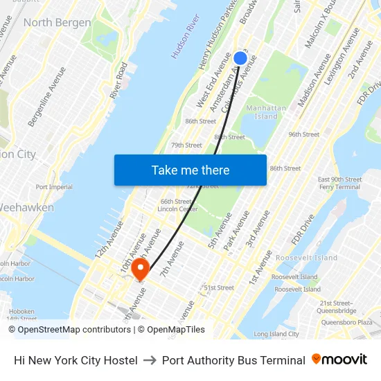 Hi New York City Hostel to Port Authority Bus Terminal map