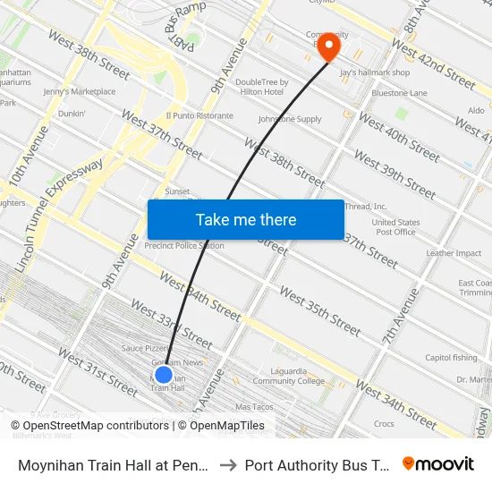 Moynihan Train Hall at Penn Station to Port Authority Bus Terminal map