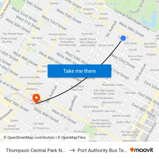 Thompson Central Park New York to Port Authority Bus Terminal map