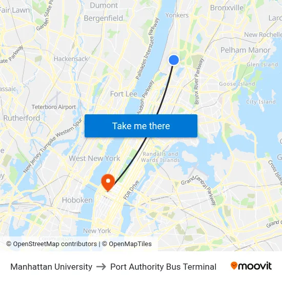 Manhattan University to Port Authority Bus Terminal map