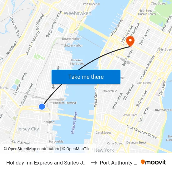 Holiday Inn Express and Suites Jersey City - Holland Tunnel to Port Authority Bus Terminal map