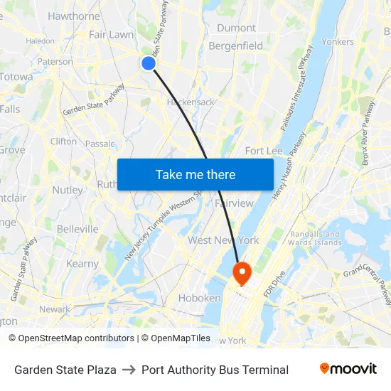 Garden State Plaza to Port Authority Bus Terminal map