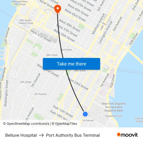 Belluve Hospital to Port Authority Bus Terminal map