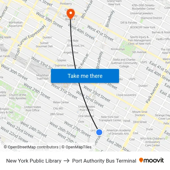 New York Public Library to Port Authority Bus Terminal map