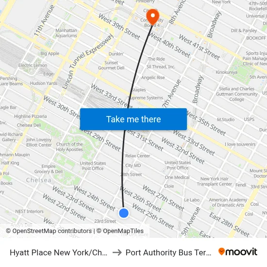 Hyatt Place New York/Chelsea to Port Authority Bus Terminal map