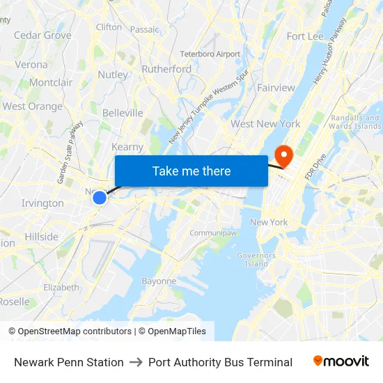 Newark Penn Station to Port Authority Bus Terminal map