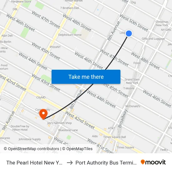 The Pearl Hotel New York to Port Authority Bus Terminal map