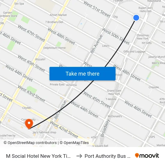M Social Hotel New York Times Square to Port Authority Bus Terminal map