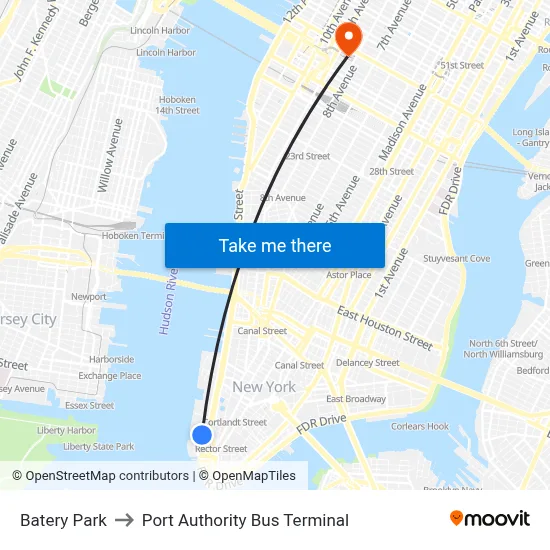 Batery Park to Port Authority Bus Terminal map