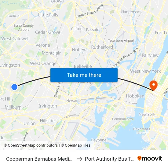 Cooperman Barnabas Medical Center to Port Authority Bus Terminal map