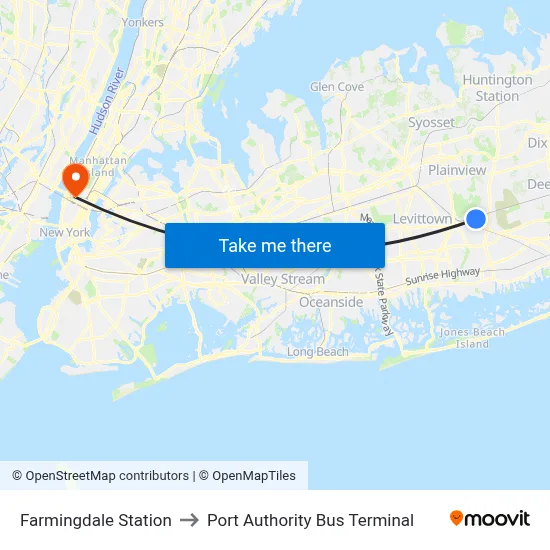 Farmingdale Station to Port Authority Bus Terminal map
