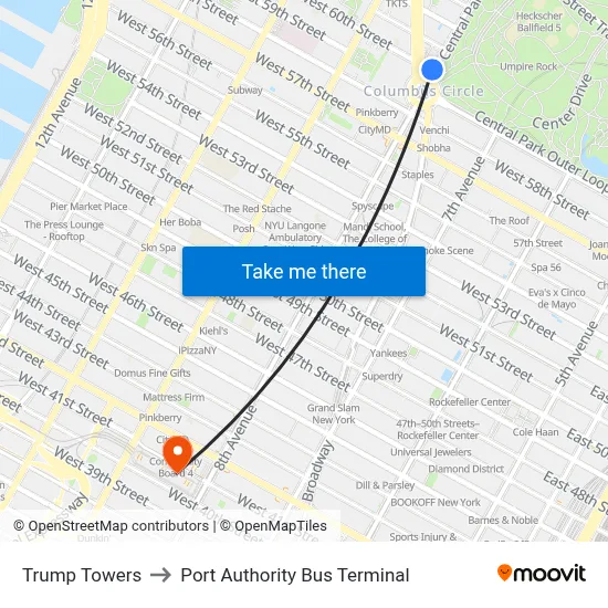 Trump Towers to Port Authority Bus Terminal map