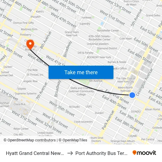 Hyatt Grand Central New York to Port Authority Bus Terminal map