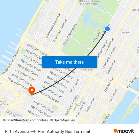 Fifth Avenue to Port Authority Bus Terminal map