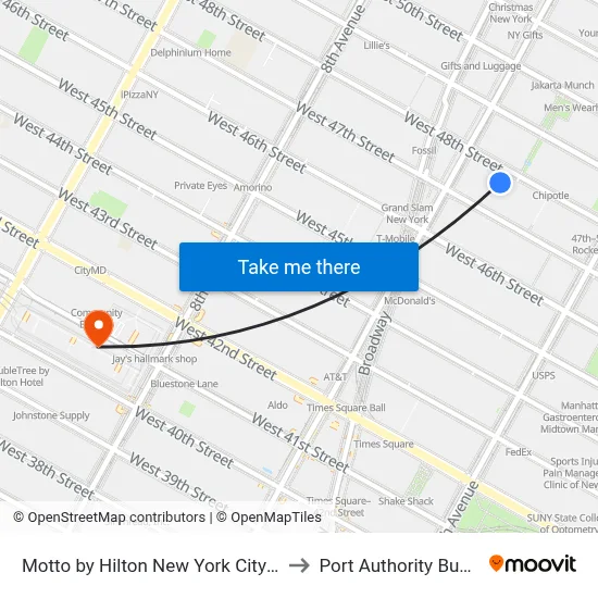 Motto by Hilton New York City Times Square to Port Authority Bus Terminal map