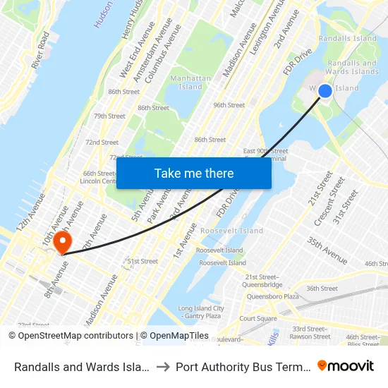 Randalls and Wards Islands to Port Authority Bus Terminal map